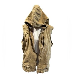 True Craft Front Zip khaki hooded vest lined with red/black plaid flannel size L